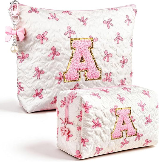 Initial Makeup Bag, Christmas Gifts for Women Teens Girls Birthday Gift Personalized Bow Cosmetic Bag, Quilted Cosmetic Travel Toiletry Pouch, Cute Makeup Organizer Teen Girl Gifts Trendy Stuff, A