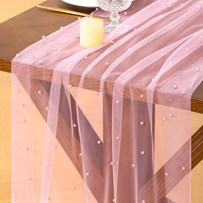 Socomi Pearl Table Runner Tulle Pink Summer Cheesecloth 10FT Gauze Cheese Cloth Sheer Chiffon Dining Wedding Birthday Party Baby Shower Bridal Anniversary Holiday Centerpiece Table Decor