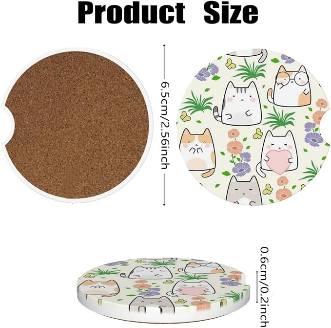 Car Cup Holder Coasters, 2 Pcs Ceramic Coasters with Cork Back and Finger Slot, Anti-Slip Shock Absorbing Women and Men Universal Car Accessories - Love Cat