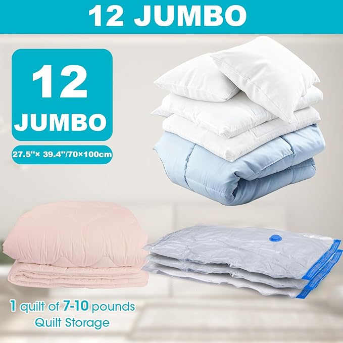 Vacuum Storage Bags with Hand Pump, 12 Jumbo Compression Space Saver Vacuum Seal Bags for Clothing, Travel, Luggage, Comforters, Blankets, Pillows, Bedding, Duvets