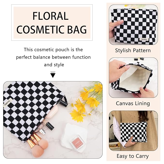 ZLFSRQ Checkered Makeup Bag for Women Large Capacity Black Travel Cosmetic Bag Set Makeup Pouch for Purse Zipper Toiletry Organizer Cute Y2K Aesthetic Trendy Adults Zipper Skincare Storage Organizer