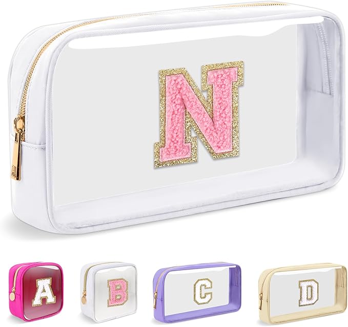 Small Clear Personalized Initial Makeup Bag,Nylon Preppy A-Z Chenille Letter Patch Cosmetic Pouch Beach Toiletry Bag,Waterproof Zipper Travel Purse Storage Bag Organizer for Women Girls(White-Pink N)