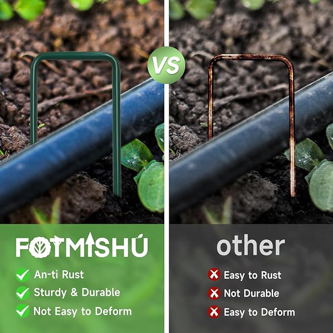 FOTMISHU Landscape Staples 6Inch 250pcs Garden Stakes + 250pcs Gasket, Lawn Pins with Spray Coating Craft,11Gauge Anti-Rust Ground Yard Spikes Anchoring for Outdoor Tents Irrigation Hoses (Green)