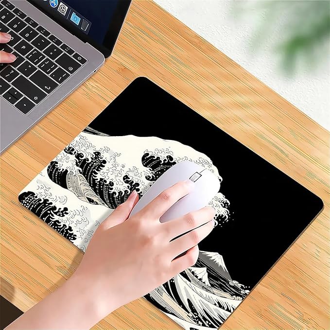 Square Mouse Pad Black Japanese Wave, Personalized Premium-Textured Custom Mouse Mat Design, Washable Mousepad Cloth, Non-Slip Rubber Base Computer Mouse Pads for Wireless Mouse