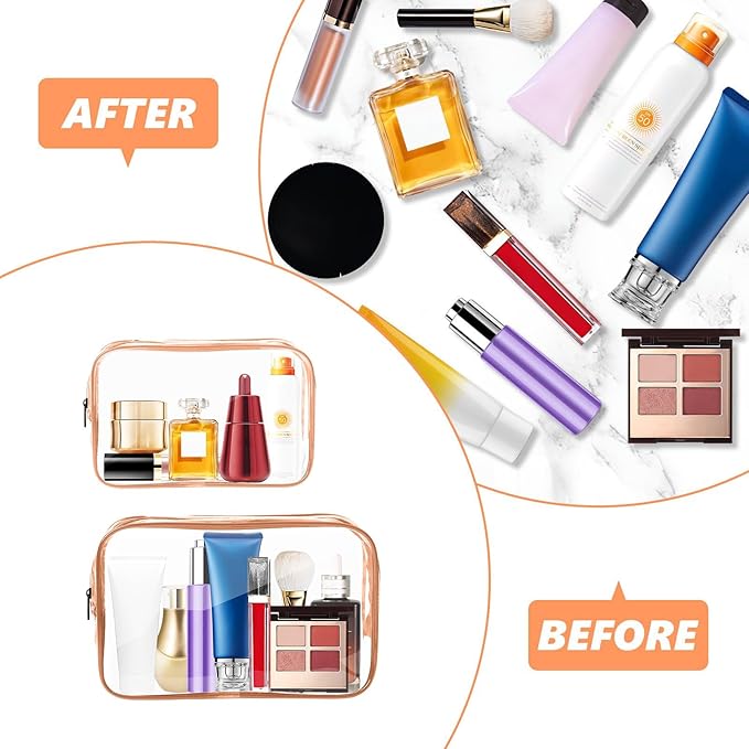 AURUZA 6 Pack Travel Toiletry Bag, Clear Makeup Bag, TSA Approved Cosmetic Bag with Zipper, Clear Organizer Carry on Bag for Women, PVC Cosmetic Pouch (Rose Pink, 6 Packs)