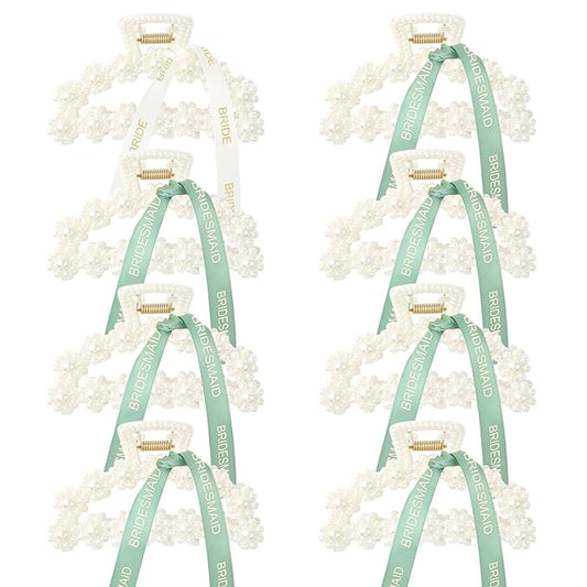 DEEKA Bridesmaid Proposal Gifts 8 Pack Pearl Bridesmaid Hair Claw Clips with Ribbon 3 Inch Hair Clips Bachelorette Party Favors Bridal Party Present Hair Accessories (Half Circle White&Green)