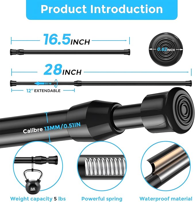 AIZESI 4PCS Black Tension Rods 17 to 28 inch, Adjustable Spring Tension Window Rods Short Tension Rod Expandable Pressure Rod for Window Closet
