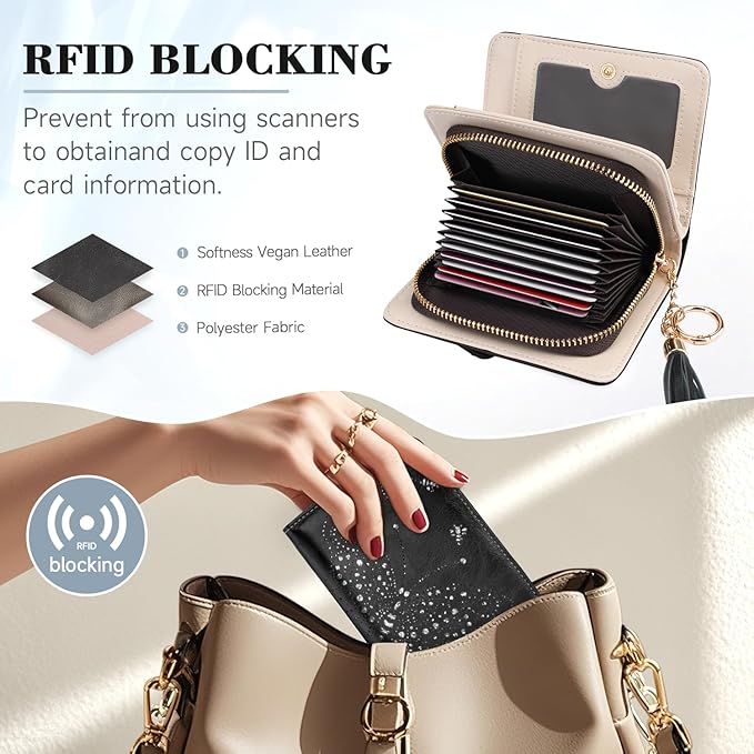 Women RFID Blocking Small Bifold Wallet, Compact Cash Clutch with Zipper Coin Pocket, Glittery Butterfly Design, Credit Card Holder, Travel Purse with Tassel BLACK