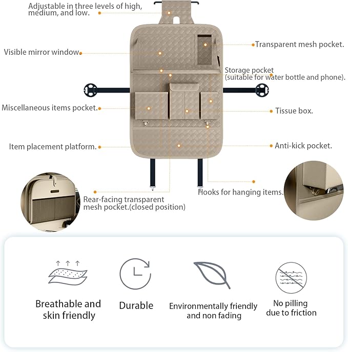 GMQ Back Seat Car Organizer 1 Pack,Backseat Organizer with Tray,Multifunctional Car Seat Back Storage Box with Foldable Tablet Holder (Beige, Weave)