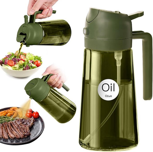 YARRAMATE 16oz/470ml Dark Green Oil Sprayer for Cooking with Stickers, Food-grade Premium 2 in 1 Olive Oil Dispenser Bottle for Kitchen Gadgets, Air Fryer, Salad, Frying, BBQ (OliveGreen)