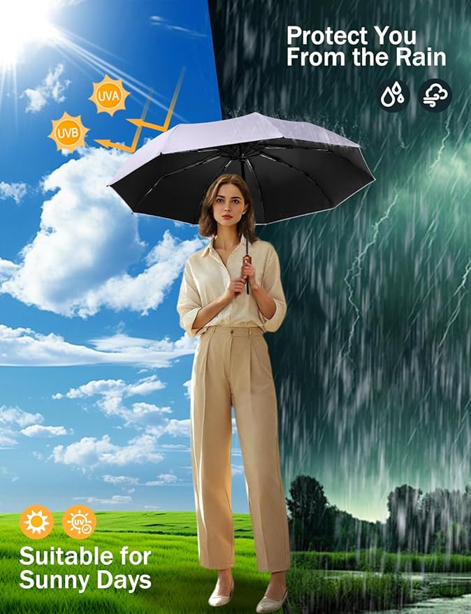SoulRain Strong Windproof Travel Umbrella with Wooden Handle, Automatic Open Close Compact Folding for Rain & Sun UV Protection, Lightweight Durable Portable for Car, Backpack, Women & Men