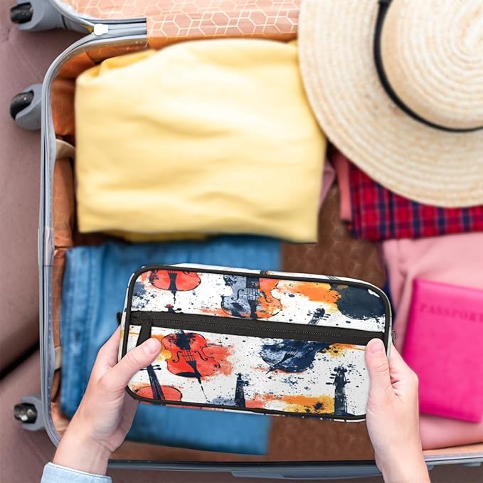 Violin Splash Art Travel Toiletry Bag for Women, Waterproof Cosmetic Makeup Bag with PU Handle & Zipper, 2 Compartment Portable Shaving Bag for Bathroom, Gym, Business Trips