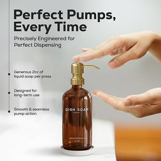 Luxury Glass Dish Soap Dispenser for Kitchen Sink by Brighter Barns - Kitchen Soap Dispenser Set with Pump & Tray - Refillable Glass Bottle for Liquid - Luxury Home Decor for Airbnb, Gift (Amber/Gold)