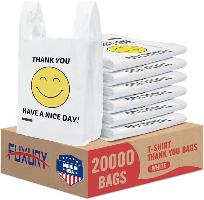 Fuxury 20000 (2K) Count - Thank You Plastic Bags White Smile for Small Business (11.5" x 6.5" x 21"), T-shirt, Grocery, Take Out, To Go, Retail Shopping Bags in Bulk