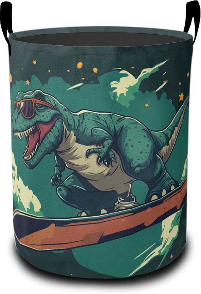 Cute Tyrannosaurus Rex Laundry Basket-Large Foldable Hamper Holder Portable Tall Collapsible Laundry Hamper Storage Basket Bin with Handles, Canvas & Waterproof lining for Household Items