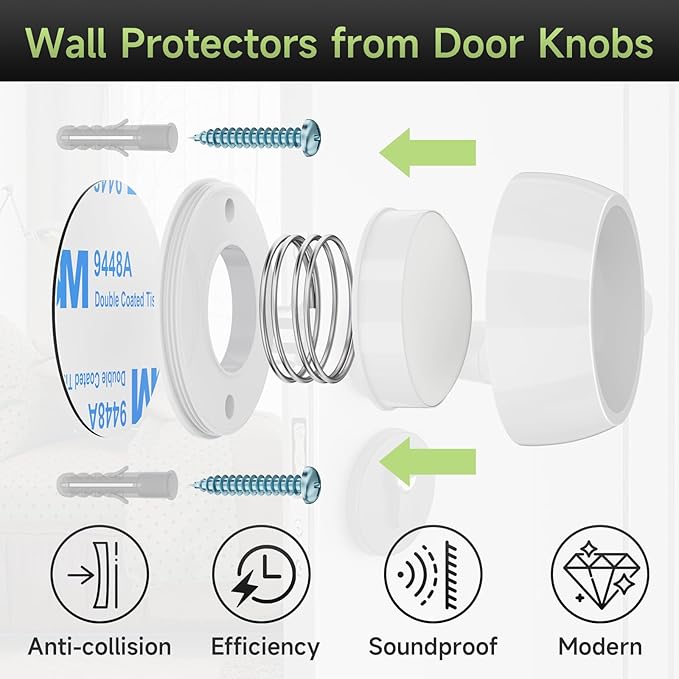 4PCS Door Stopper Wall Protector with Silicone Head, Aluminum Door Knob Wall Protector, Spring Shock Absorption Technology, 1.65" Door Stoppers for Wall, Adhesive Installation or with Screw, White
