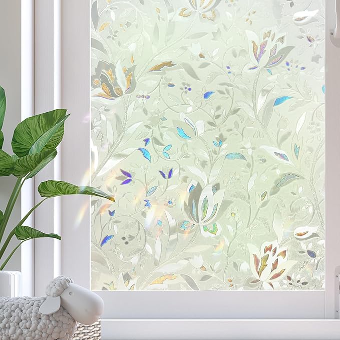 Window Privacy Film, 3D Rainbow Decorative Stained Glass Windows Film, Sun Blocking Window Clings, Static Cling Frosted Glass Windows Sticker Door Covering for Home (Tulip, 17.5" x 78.7")