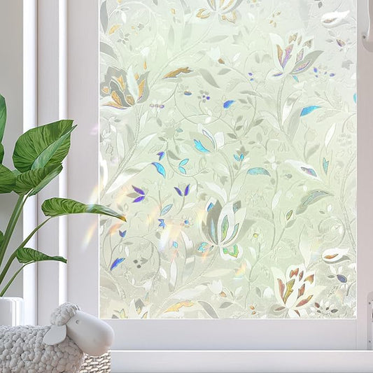Window Privacy Film, 3D Rainbow Decorative Stained Glass Windows Film, Sun Blocking Window Clings, Static Cling Frosted Glass Windows Sticker Door Covering for Home (Tulip, 17.5" x 78.7")