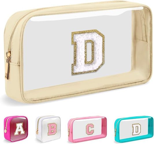 Small Clear Personalized Initial Makeup Bag,Nylon Preppy A-Z Chenille Letter Patch Cosmetic Pouch Beach Toiletry Bag,Waterproof Zipper Travel Purse Storage Bag Organizer for Women Girls(Beige-White D)