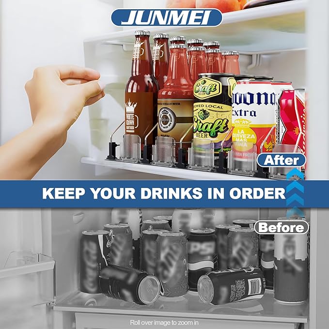 Drink Organizer for Fridge,12oz 16oz 20oz - Soda Can Dispenser for Refrigerator,Width Adjustable,Automatic Pusher Glide (Black, 15"D 3ROW, Holds 15 Cans)