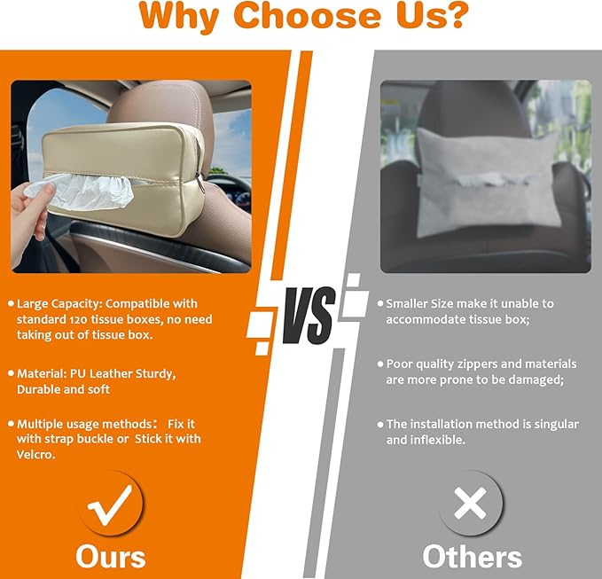 Large Car Tissue Holder for 120 Standard Tissues, Premium PU Leather Tissue Holder in Car Backseat Rectangular, Napkin Holder for Car Fits for Kleenex Tissues Box Daily Use Black (1, Beige)