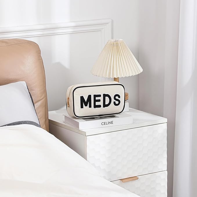 uekeboag Canvas Chenille Letter Medicine Makeup Bag, Small Travel Washable Organizer Bag for Purse with Zipper, Cute Personalized Preppy Drug Pouch For Women and Girls(02Black-Meds)