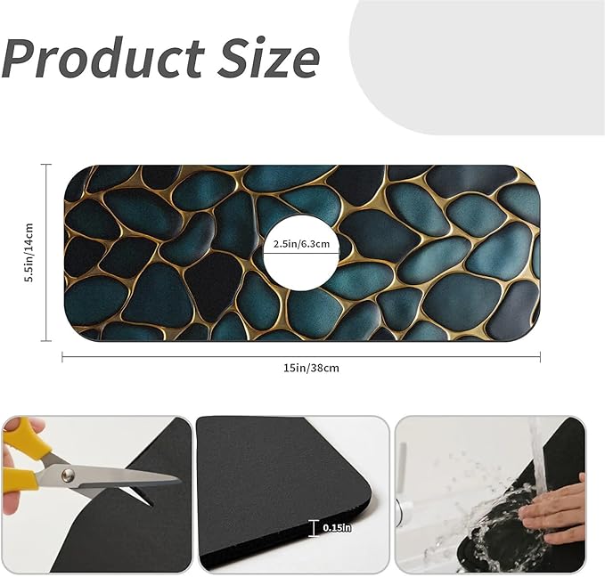 Kitchen Sink Splash Guard, Blue and Gold Stones Faucet Mat Sink Gadgets - Super Absorbent Fast Drying Mat Drip Catcher for Kitchen, Bathroom, Sink Mat, Dish Drying Mat, Bathroom (15" x 5.5")