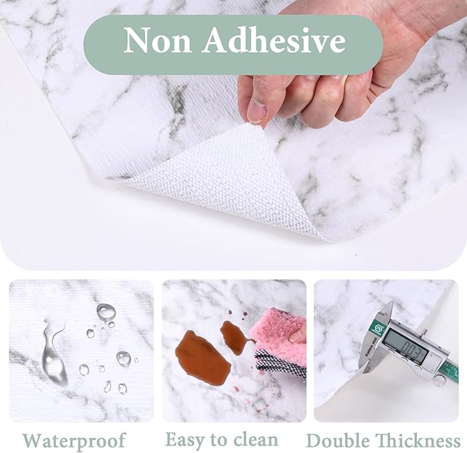 2-Layer Drawer and Shelf Liner for Kitchen Cabinet: 12 in X 20 Ft Non Slip Waterproof Shelf Paper Non Adhesive Refrigerator Liners White Marble Easy Liners for Bathroom with Knife Tape Measure
