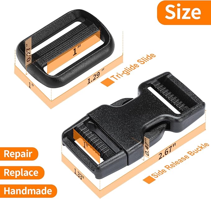 Buckles and Straps Set 1": 6 Yards of Thick Nylon Webbing, 6-Pack Heavy Duty Adjustable Quick Side Release Plastic Buckles, 12 Tri-Glide Slide Clips, Black (1-Inch Combo Set)