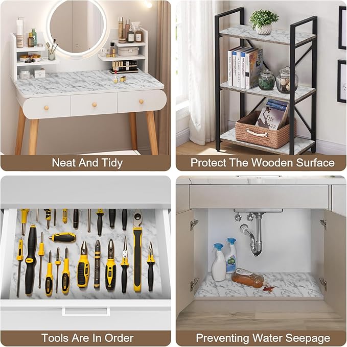 OcePor Non-Adhesive Drawer and Shelf Liner 12IN x 30FT，Non Slip Cabinet and Cupboard Liner, Kitchen Cabinet Liners for Shelves, Waterproof Drawer Shelf Liners for Cabinets/Bathroom Cupboard, Marble