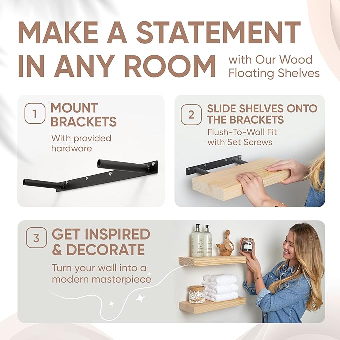 Homeforia Wood Floating Shelf 12 inch, High-End Solid Natural Wood 12-inch Floating Shelves for Wall Mounted, Unfinished Small Wooden Floating Shelves, Heavy Duty Bracket, 12 X 6.5 X 1.75 in, Set of 3