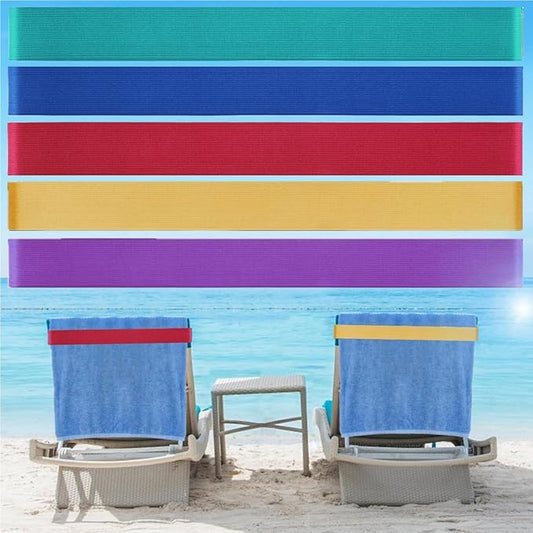 Beach Towel Bands (5 Pack), Beach Chair Essentials, Windproof & Elastic Towel Holders, 5 Mix Colors