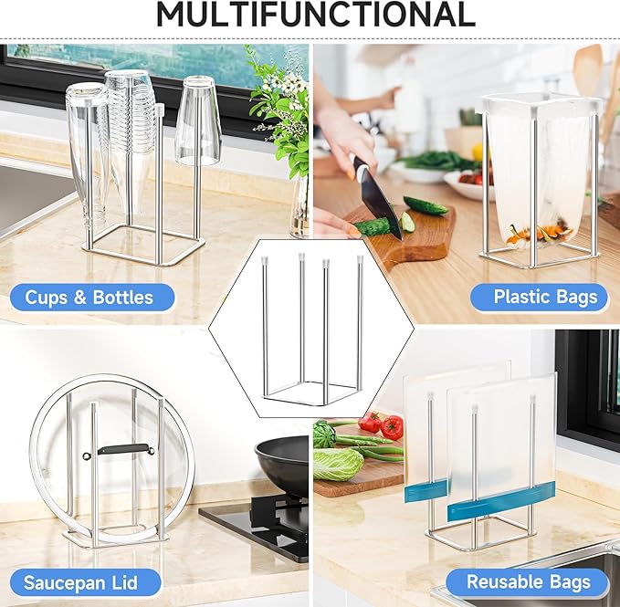 Water Bottle Drying Rack, Stainless Steel Bottle Dryer Rack, Baby Bottles Rack Dryer, Cup Drying Rack, Reusable Bag Drying Stand, Kitchen Stand Holder for Glass Bottles, Plastic Bag (Silver)