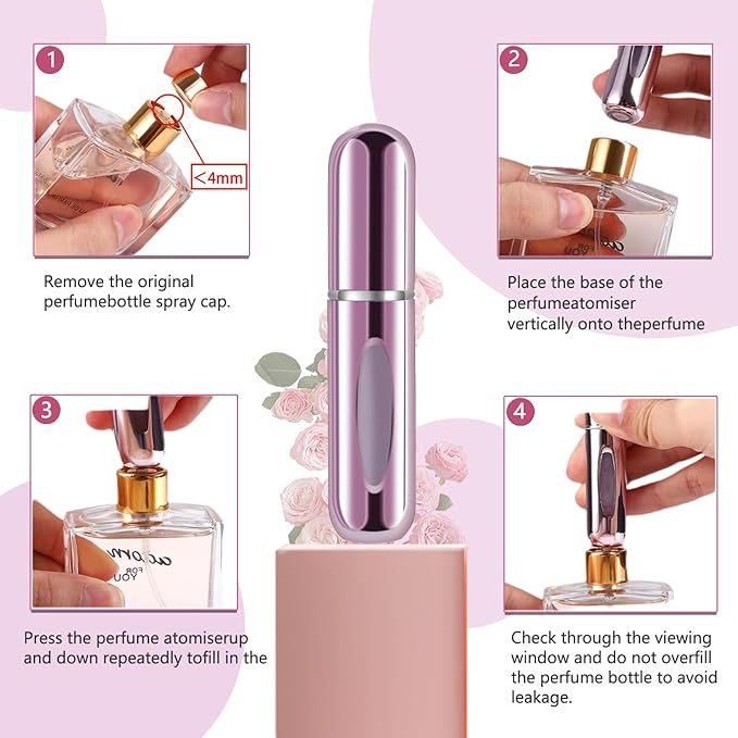 opasyo 4 Pcs Mini Refillable Perfume Portable Atomizer Bottle, 5ml Bottom-Fill Perfume Spray Scent Dispenser, Leak-Proof Travel Pump for Cologne, Aftershave & Purse (Silver/Pink/Gold/Black)