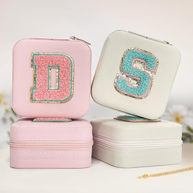 SANDJEST Personalized Jewelry Box, Pink Travel Jewelry Box with Initial D, Small Monogrammed Jewelry Case Organizer for Girls Women Teen Kids, Mini Travel Essentials Gifts for Birthday Christmas