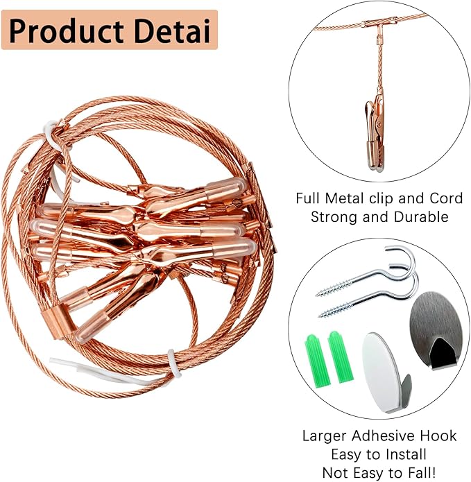 2 Pack Chain Photo Clip Hanging Photo Display Wall Photo Display Metal Photo String with 12 Clips Wall-Mounted Picture Holder for Hanging Painting Family Photos Artworks (Rose Gold Color)