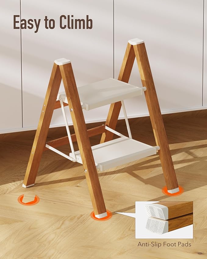 2-Step Aluminum Ladder,Lightweight Folding Step Stool with Extra-Wide Anti-Slip Steps,330 lbs Capacity,Compact Space-Saving Design for Home,Kitchen and Office（White&Woodgrain）