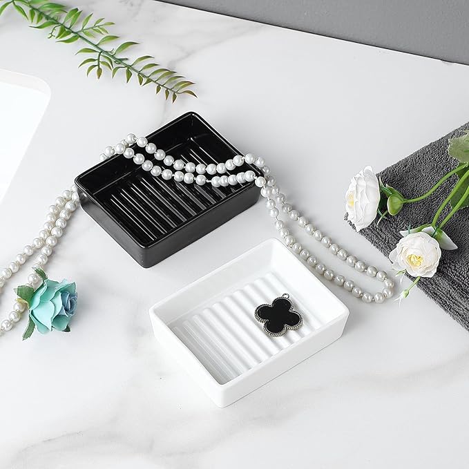 White Rectangle Soap Dish - Modern Ceramic Hand Soap Holder Non-Slip Bar Soap Holder Soap Tray for Bathroom, Kitchen Sink, Shower, Countertop, Easy to Clean