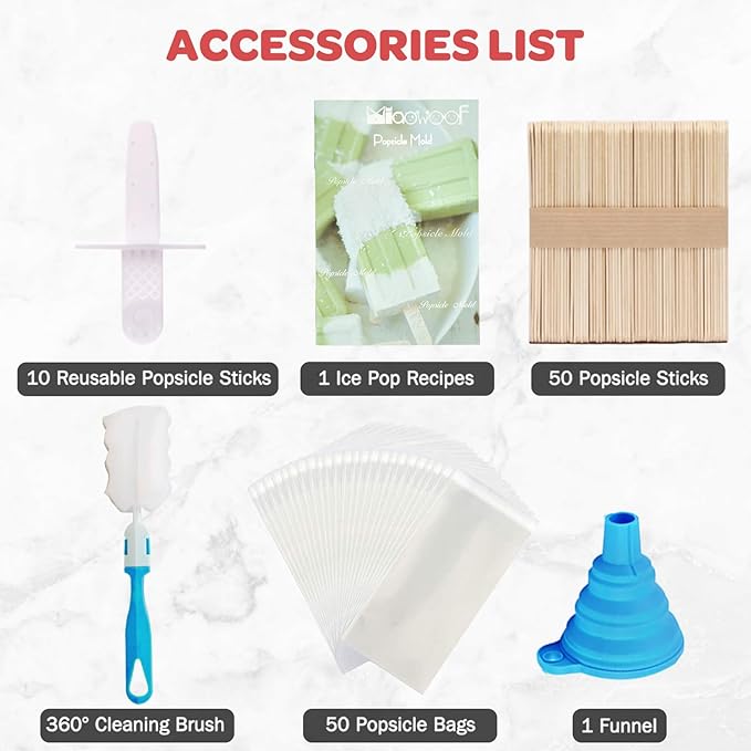 Miaowoof Homemade Popsicle Molds, 10-Cavity Non-BPA Silicone Ice Pop Maker, with 50 Sticks, 50 Bags, 10 Reusable Sticks, Funnel, Brush and Ice Pop Recipe (White)
