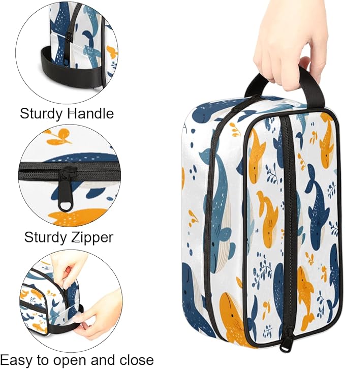 Whales And Seaweed Travel Toiletry Bag for Women, Waterproof Cosmetic Makeup Bag with PU Handle & Zipper, 2 Compartment Portable Shaving Bag for Bathroom, Gym, Business Trips