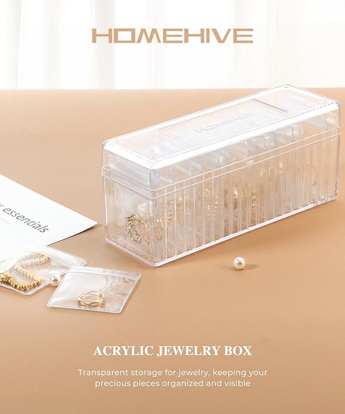 Acrylic Jewelry Box Organizer, Clear Jewelry Organizer and Storage with 20 Portable Anti Tarnish Jewelry bags, Travel Jewelry Case for Earrings/Rings/Necklaces Gifts for Women Girls, Clear