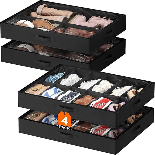 Lifewit Under Bed Shoe Storage Organizer 4 Pack (2x12 Pairs + 2x4 Pairs), 4.3" Tall Fabric Shoe Container Box, Foldable Closet Shoe Bag with 2 Reinforced Handles and Clear Cover, Black
