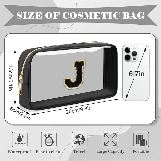 Personalized Initial Letter Clear Makeup Bag, Preppy Small Nylon & PVC Cosmetic Zipper Bag with Chenille Letter, Travel Skincare Toiletry Bag, Monogram Christmas Gift for Teen Girls Women, J