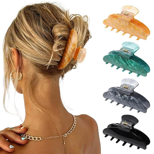 4Pcs Large Hair Claw Clips - Acrylic Big Hair Clips for Thick Hair Strong Hold Hair Jaw Clips Non-slip Banana Hair Barrettes Clips for Women Girls (Gray+Green+Black+Orange)