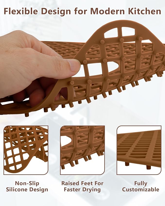 2 Pack Silicone Sink Protector for Kitchen Sink, Lozenge Pattern 13 x 11 inches Sink Grid Mat Silicone Protectors, Center Drain (Coffee)