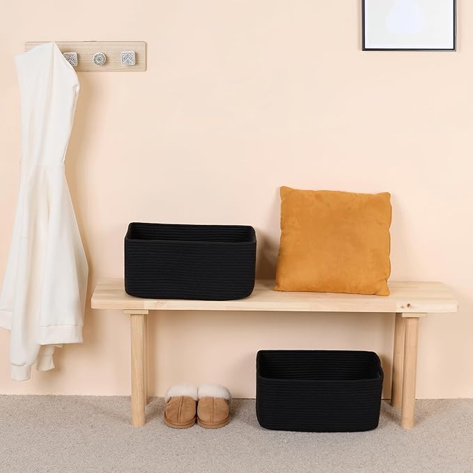 MiniArk Large Storage Baskets for Shelves, Closet Organizers Bins for Clothes Blanket Towels, Baby Nursery, Toy Baskets Box, Woven Rope Baskets, 17 x 13 x 7.5”, 2 Packs Black