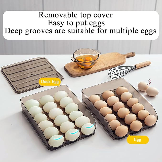 Egg Holder for Refrigerator Auto Scrolling Organizer Plastic Stackable Storage Container Reusable Clear Tray Box Basket Bin Lid Drawer Carrier Keeper(2 Layer)