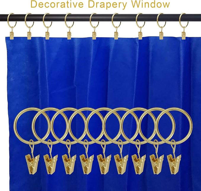 100 Pack Curtain Rings with Clips, Curtain Clip Rings Hooks, Bow Hanger Clips for Hanging Drapery Drapes Bows, Ring 1.26 inch Interior Diameter, Fits up to 1" Rod, Gold