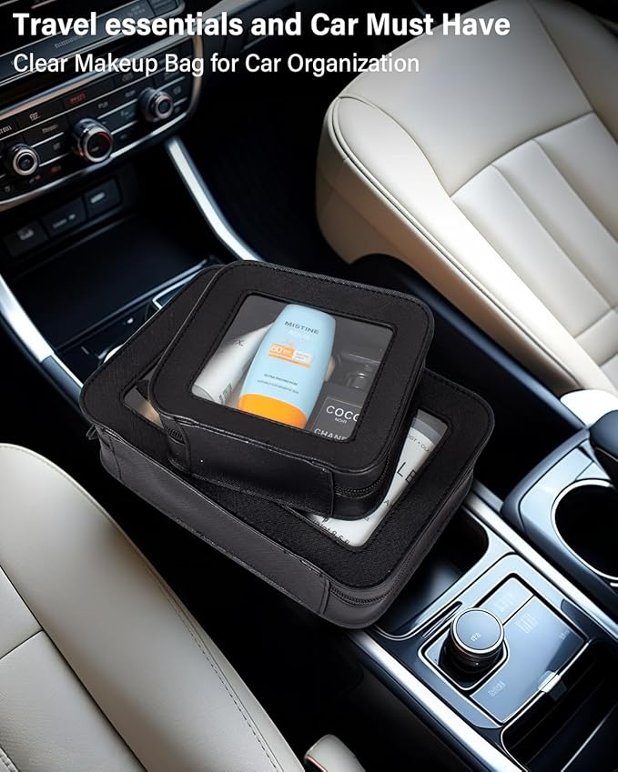 Clear Makeup Bag Set for Women Portable Clear Makeup Bag Cute Waterproof Travel Cosmetic Bag Travel Essentials Car Accessories for Women Men(Black, Standard + Mini)