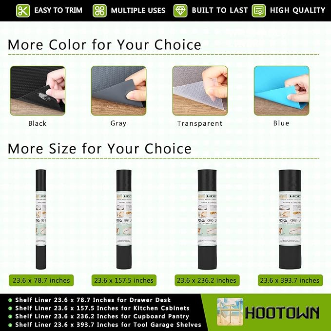 HooTown Shelf Liner Kitchen Cabinet Drawer Mats 23.6 Inch Wide x 19.6 Feet Long, Non Slip EVA Plastic Water Resistant Pad for Bathroom Drawers, Shoe Shelves, Under Sink, Black